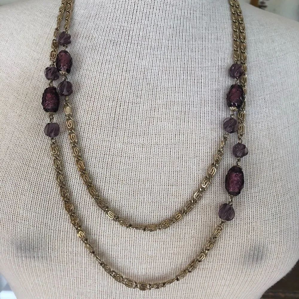 Vintage Cora Gold Tone Necklace with Purple Beads
